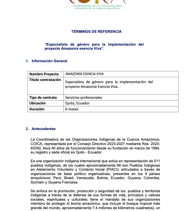 OPORTUNIDAD LABORAL: Especialista de género para la implementación del proyecto Amazonia esencia Viva